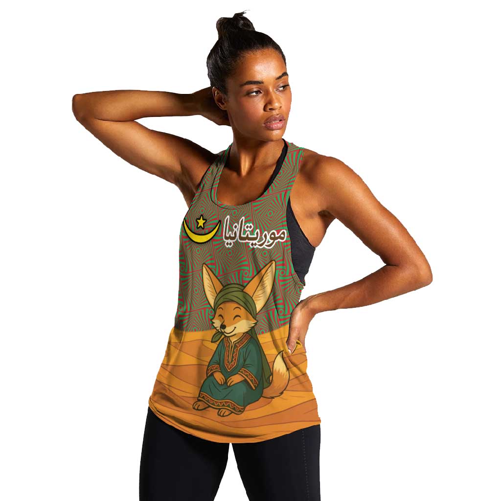 Mauritania Women Racerback Tank - Cute Fennec Fox and Arabic Calligraphy Desert Design