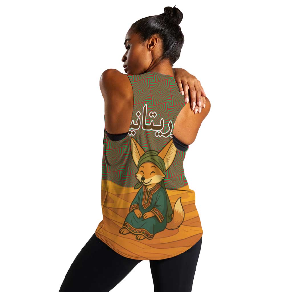 Mauritania Women Racerback Tank - Cute Fennec Fox and Arabic Calligraphy Desert Design
