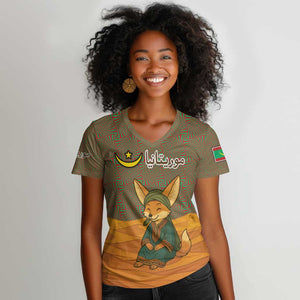 Mauritania Women V-Neck T-Shirt - Cute Fennec Fox and Arabic Calligraphy Desert Design