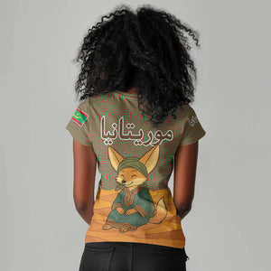 Mauritania Women V-Neck T-Shirt - Cute Fennec Fox and Arabic Calligraphy Desert Design