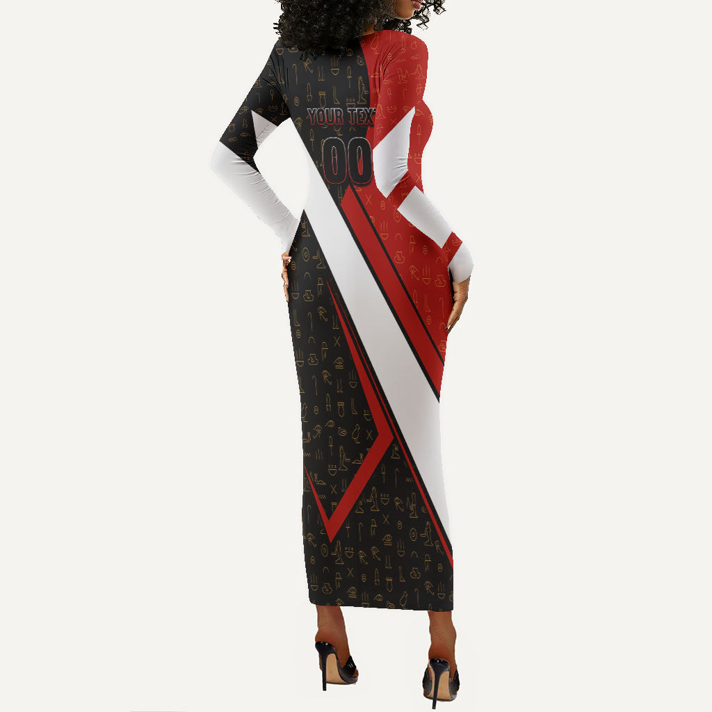 Personalized Egypt Soccer Sobek Crocodile Mascot Long Sleeve Bodycon Dress Ancient Egyptian Hieroglyphic Stripe