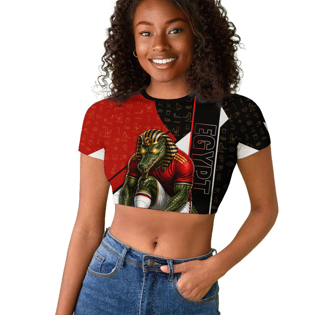 Personalized Egypt Soccer Sobek Crocodile Mascot Raglan Cropped T shirt Ancient Egyptian Hieroglyphic Stripe
