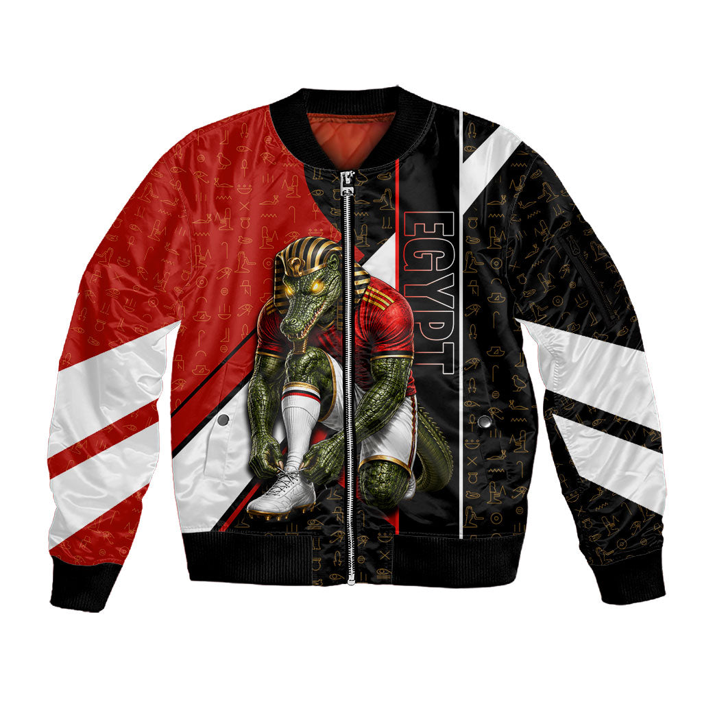 Personalized Egypt Soccer Sobek Crocodile Mascot Sleeve Zip Bomber Jacket Ancient Egyptian Hieroglyphic Stripe