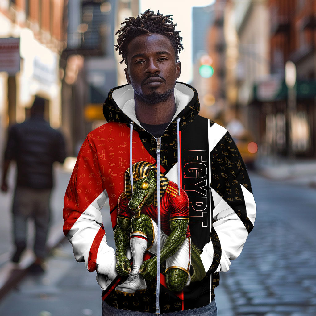 Personalized Egypt Soccer Sobek Crocodile Mascot Zip Hoodie Ancient Egyptian Hieroglyphic Stripe