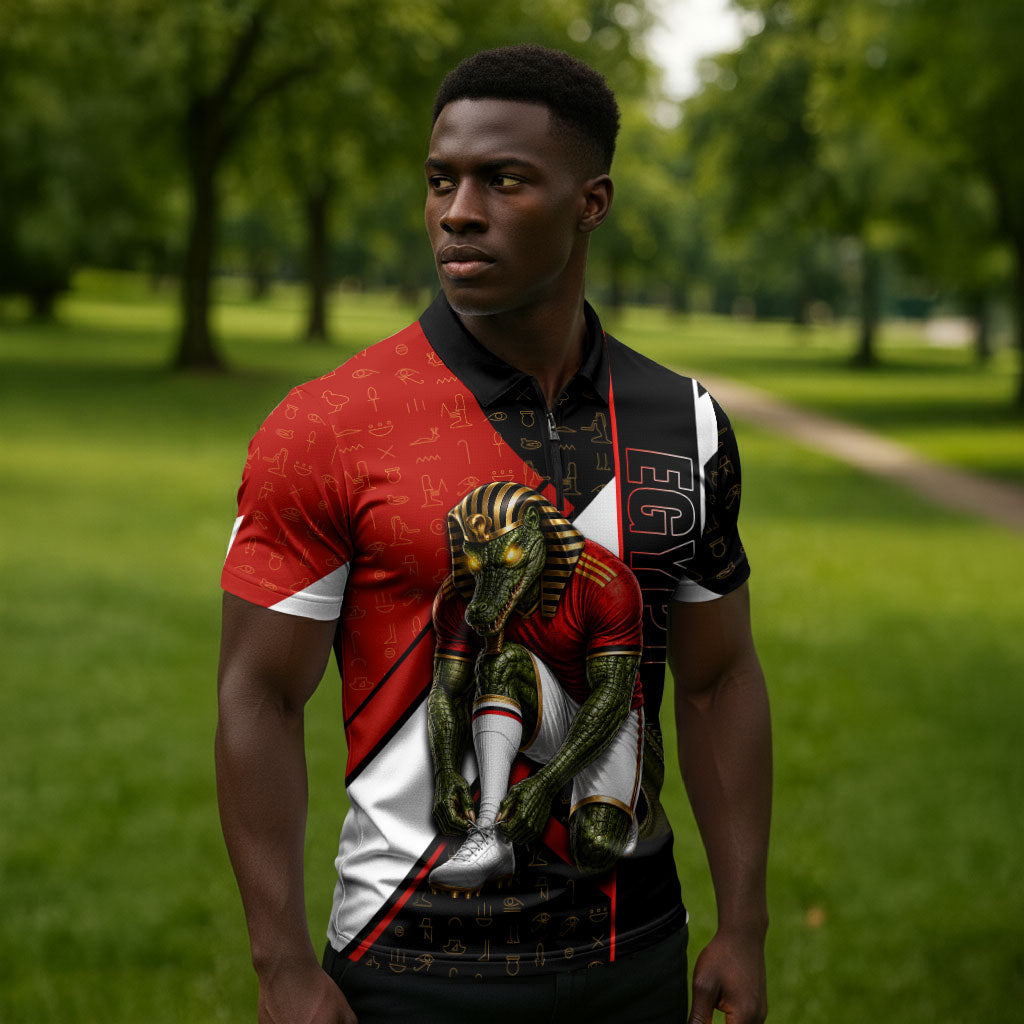 Personalized Egypt Soccer Sobek Crocodile Mascot Zipper Polo Shirt Ancient Egyptian Hieroglyphic Stripe