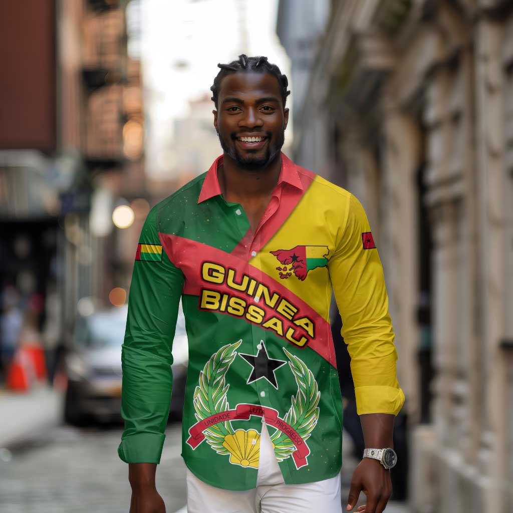 Guinea Bissau Long Sleeve Button Shirt Green Yellow Red Swirl - African Pride
