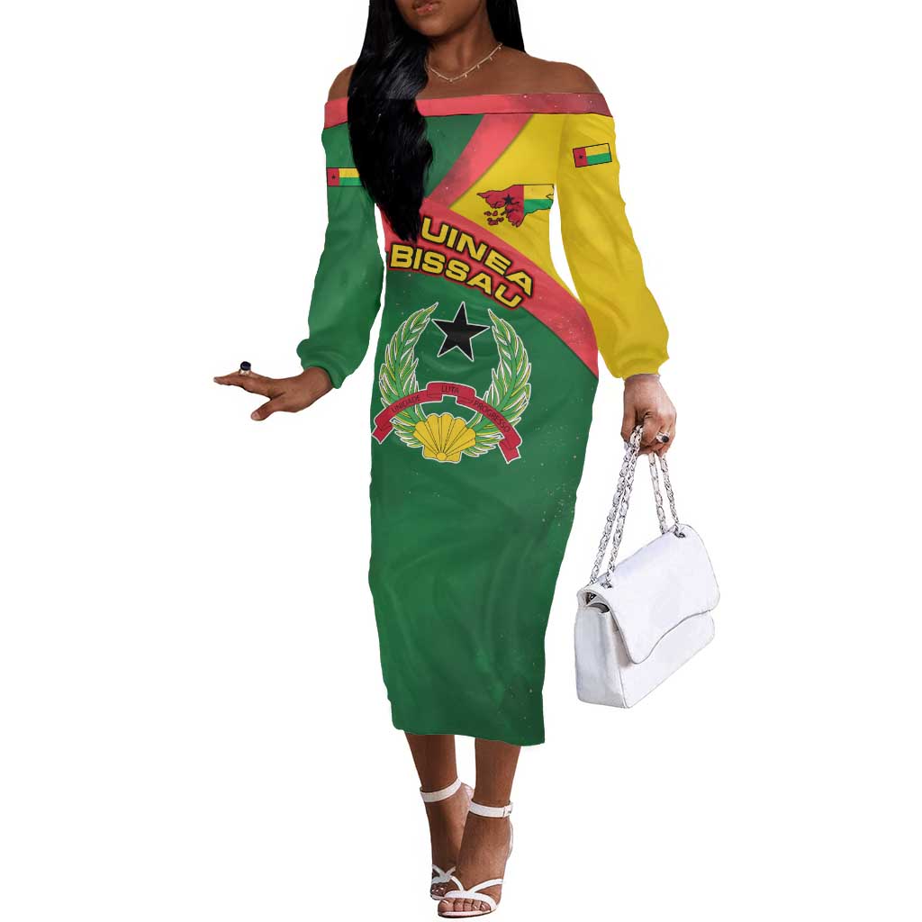Guinea Bissau Off The Shoulder Long Sleeve Dress Green Yellow Red Swirl - African Pride