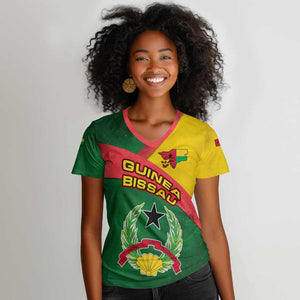 Guinea Bissau Women V-Neck T-Shirt Green Yellow Red Swirl - African Pride