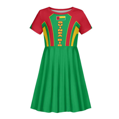 Guinea Bissau Kid Short Sleeve Dress Red Green Yellow Stripe Design and Black Star - African Pride