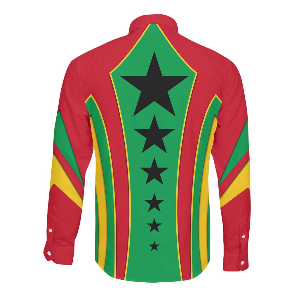 Guinea Bissau Long Sleeve Button Shirt Red Green Yellow Stripe Design and Black Star - African Pride