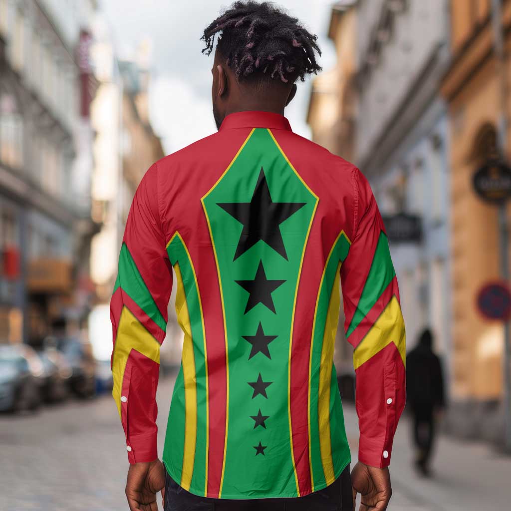Guinea Bissau Long Sleeve Button Shirt Red Green Yellow Stripe Design and Black Star - African Pride