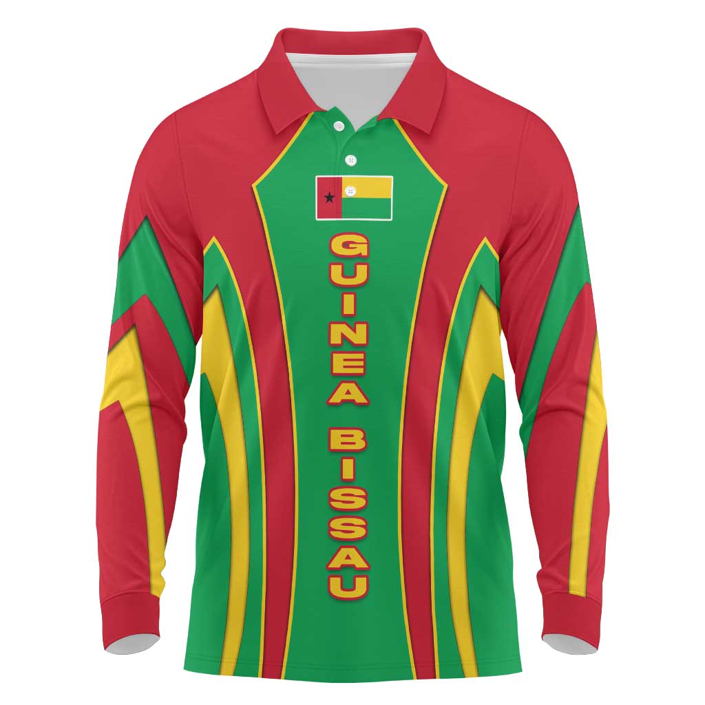 Guinea Bissau Long Sleeve Polo Shirt Red Green Yellow Stripe Design and Black Star - African Pride