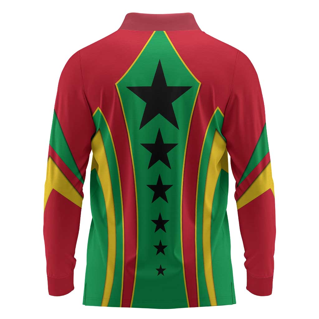 Guinea Bissau Long Sleeve Polo Shirt Red Green Yellow Stripe Design and Black Star - African Pride