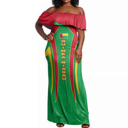 Guinea Bissau Off Shoulder Maxi Dress Red Green Yellow Stripe Design and Black Star - African Pride