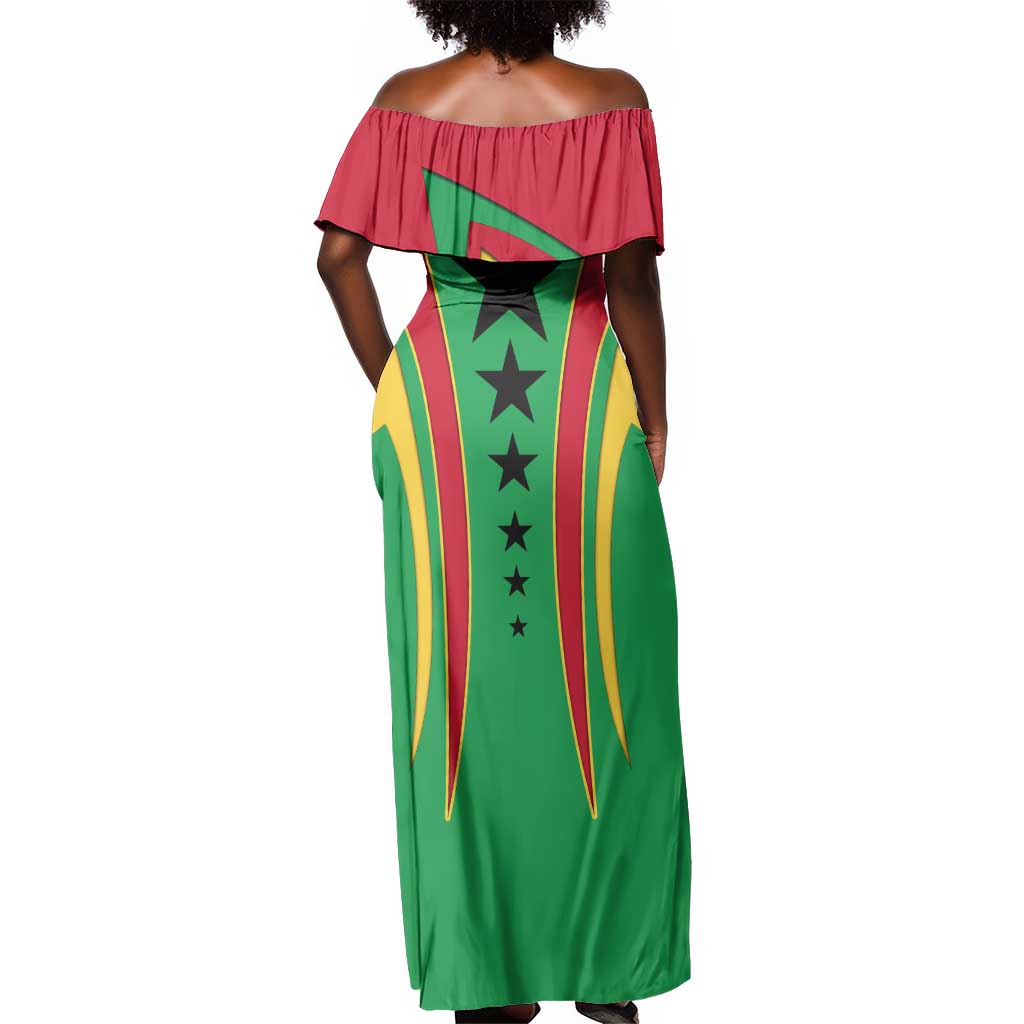 Guinea Bissau Off Shoulder Maxi Dress Red Green Yellow Stripe Design and Black Star - African Pride