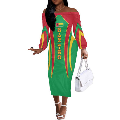 Guinea Bissau Off The Shoulder Long Sleeve Dress Red Green Yellow Stripe Design and Black Star - African Pride