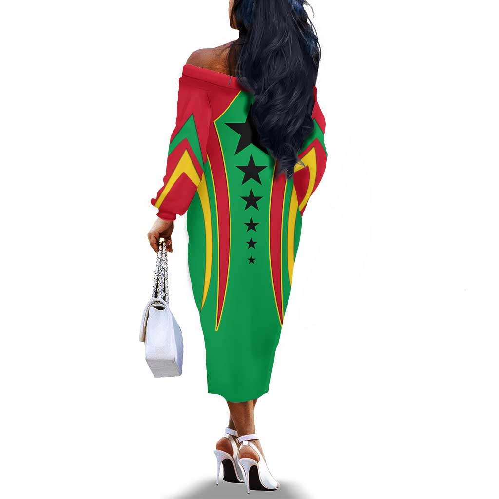 Guinea Bissau Off The Shoulder Long Sleeve Dress Red Green Yellow Stripe Design and Black Star - African Pride