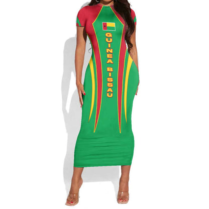 Guinea Bissau Short Sleeve Bodycon Dress Red Green Yellow Stripe Design and Black Star - African Pride
