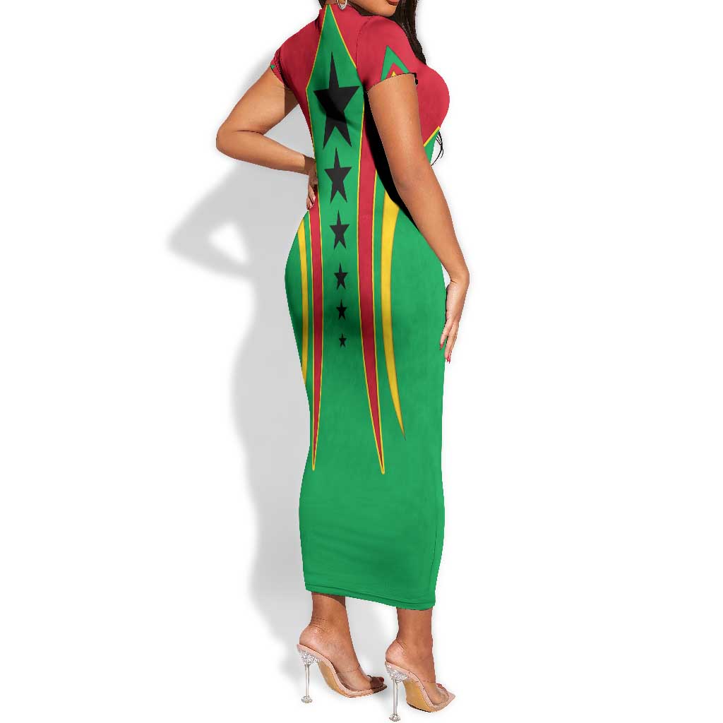 Guinea Bissau Short Sleeve Bodycon Dress Red Green Yellow Stripe Design and Black Star - African Pride
