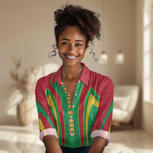 Guinea Bissau Women Casual Shirt Red Green Yellow Stripe Design and Black Star - African Pride