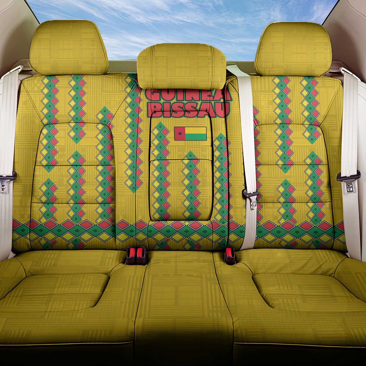 Guinea Bissau Back Car Seat Cover Yellow Tribal Geometric Design and National Flag - African Pride