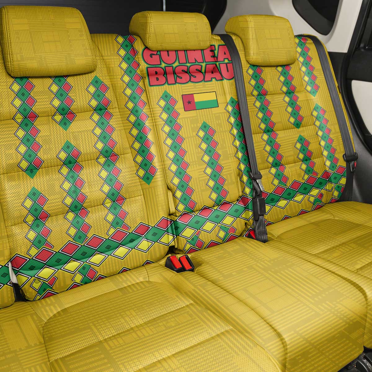 Guinea Bissau Back Car Seat Cover Yellow Tribal Geometric Design and National Flag - African Pride