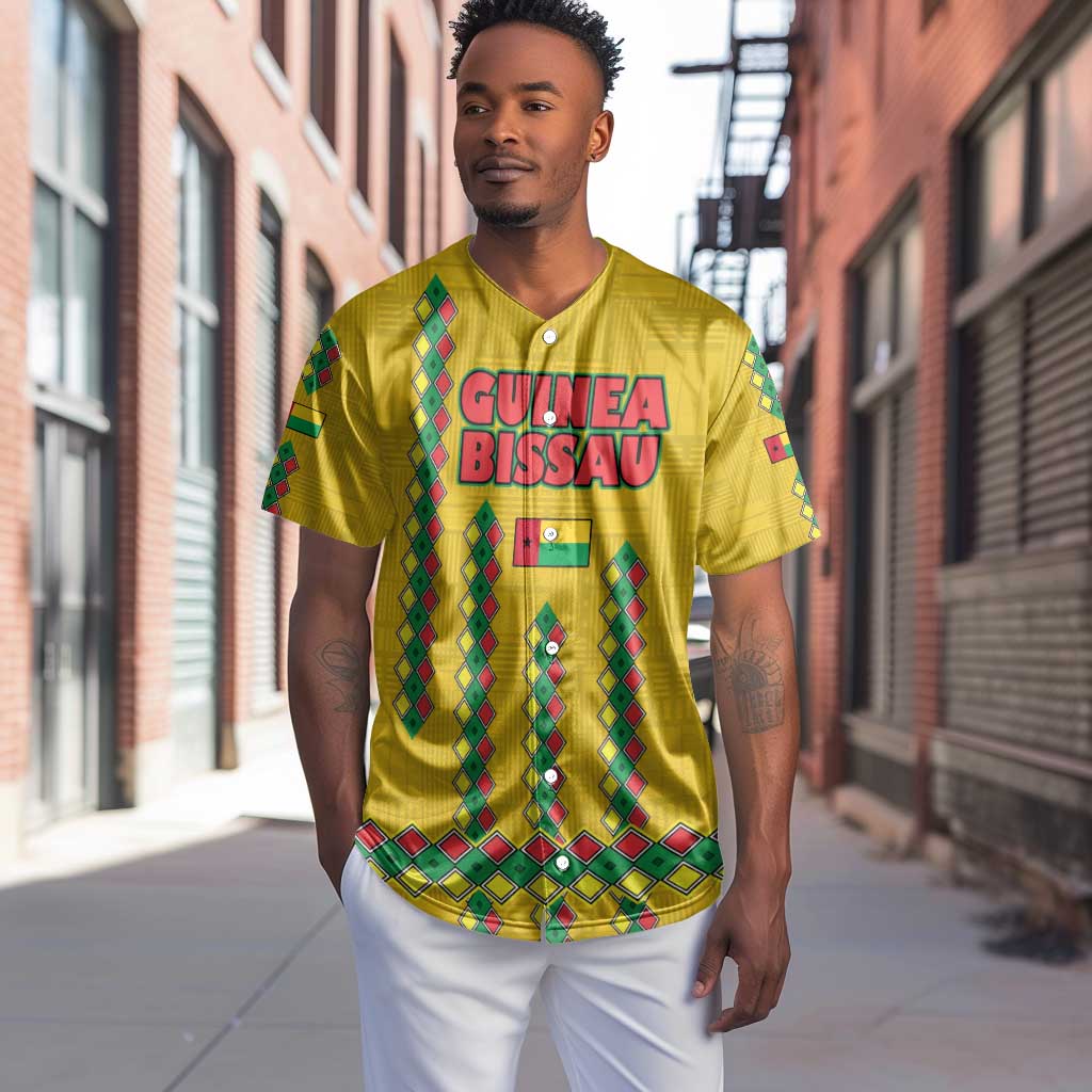 Guinea Bissau Baseball Jersey Yellow Tribal Geometric Design and National Flag - African Pride