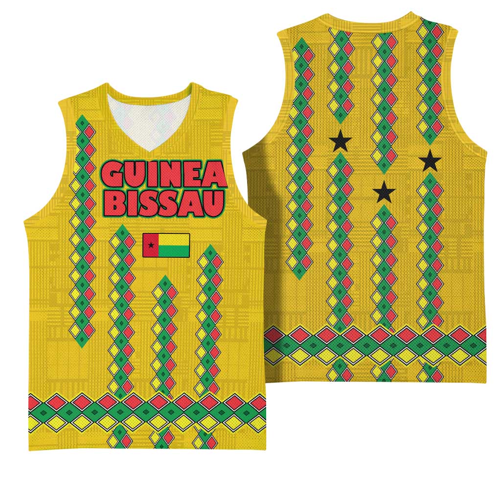 Guinea Bissau Basketball Jersey Yellow Tribal Geometric Design and National Flag - African Pride