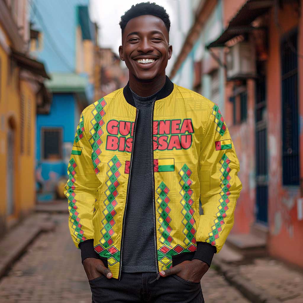 Guinea Bissau Bomber Jacket Yellow Tribal Geometric Design and National Flag - African Pride