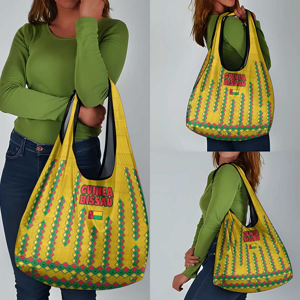 Guinea Bissau Grocery Bag Yellow Tribal Geometric Design and National Flag - African Pride