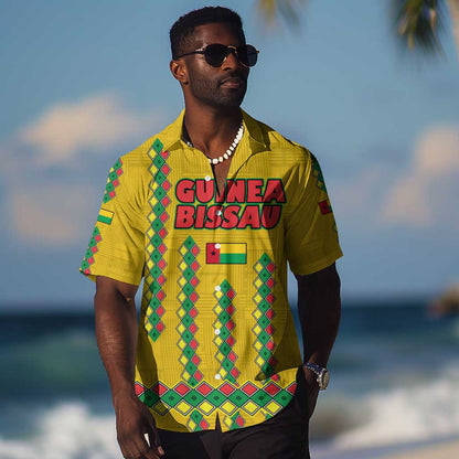 Guinea Bissau Hawaiian Shirt Yellow Tribal Geometric Design and National Flag - African Pride