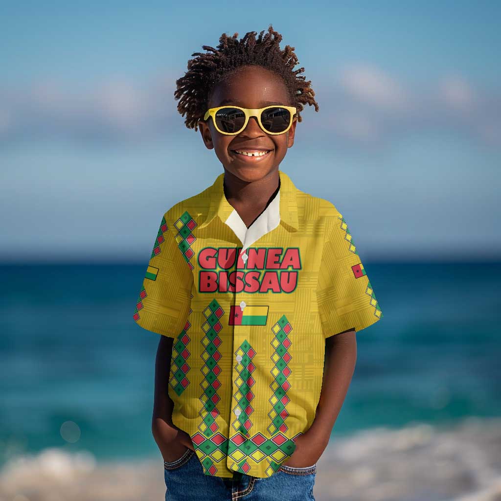 Guinea Bissau Kid Hawaiian Shirt Yellow Tribal Geometric Design and National Flag - African Pride