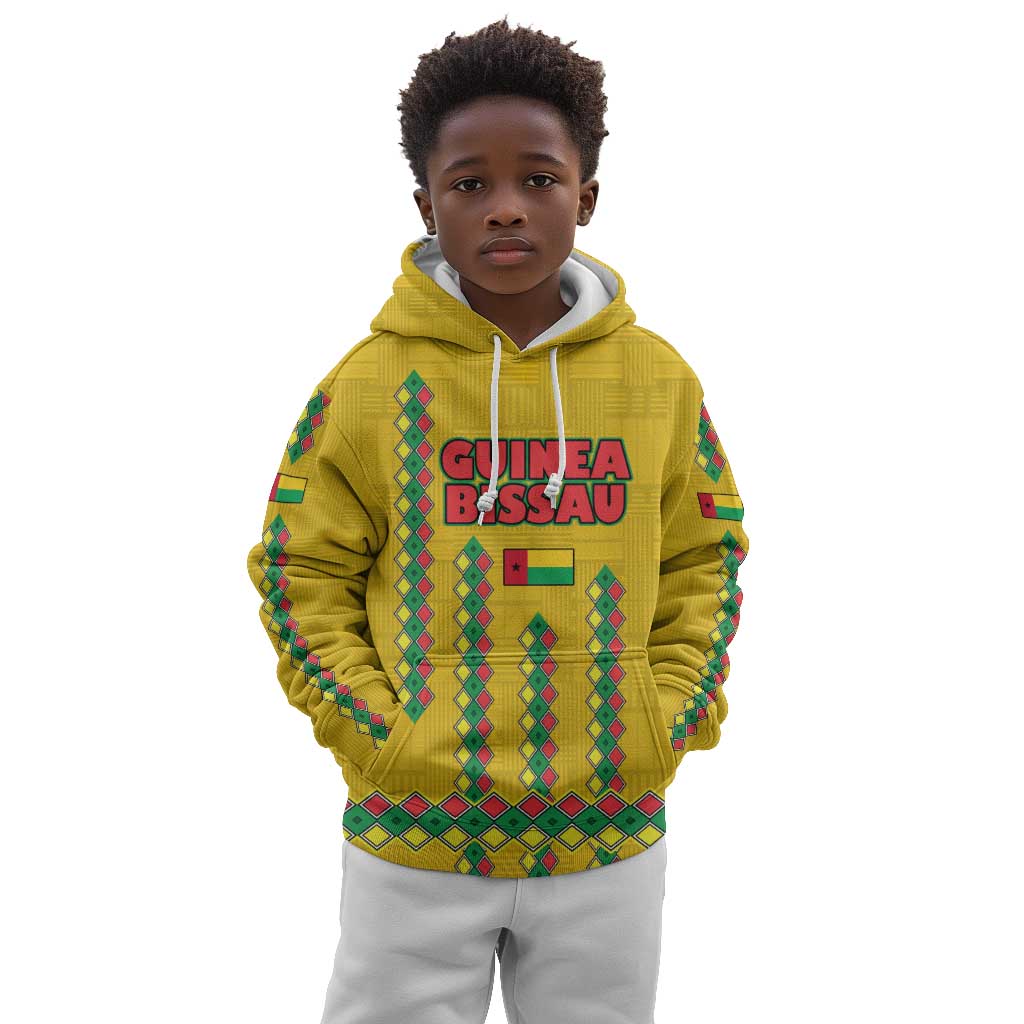 Guinea Bissau Kid Hoodie Yellow Tribal Geometric Design and National Flag - African Pride