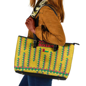 Guinea Bissau Leather Tote Bag Yellow Tribal Geometric Design and National Flag - African Pride