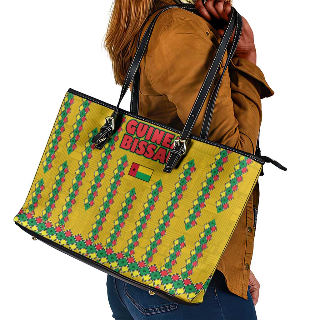 Guinea Bissau Leather Tote Bag Yellow Tribal Geometric Design and National Flag - African Pride