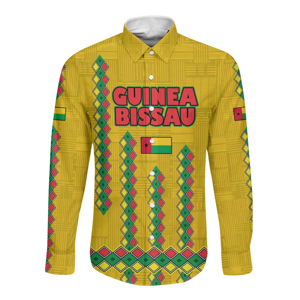 Guinea Bissau Long Sleeve Button Shirt Yellow Tribal Geometric Design and National Flag - African Pride