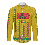 Guinea Bissau Long Sleeve Button Shirt Yellow Tribal Geometric Design and National Flag - African Pride
