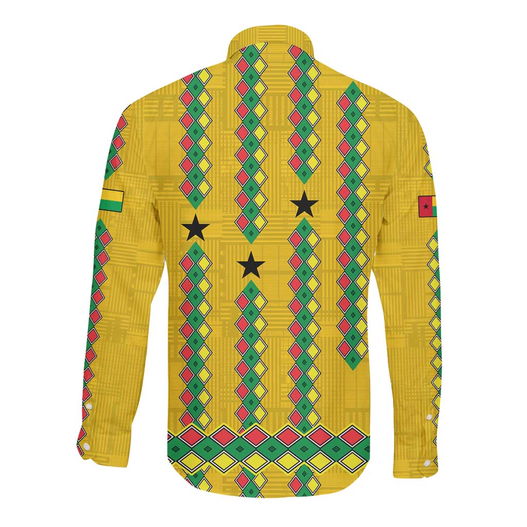 Guinea Bissau Long Sleeve Button Shirt Yellow Tribal Geometric Design and National Flag - African Pride