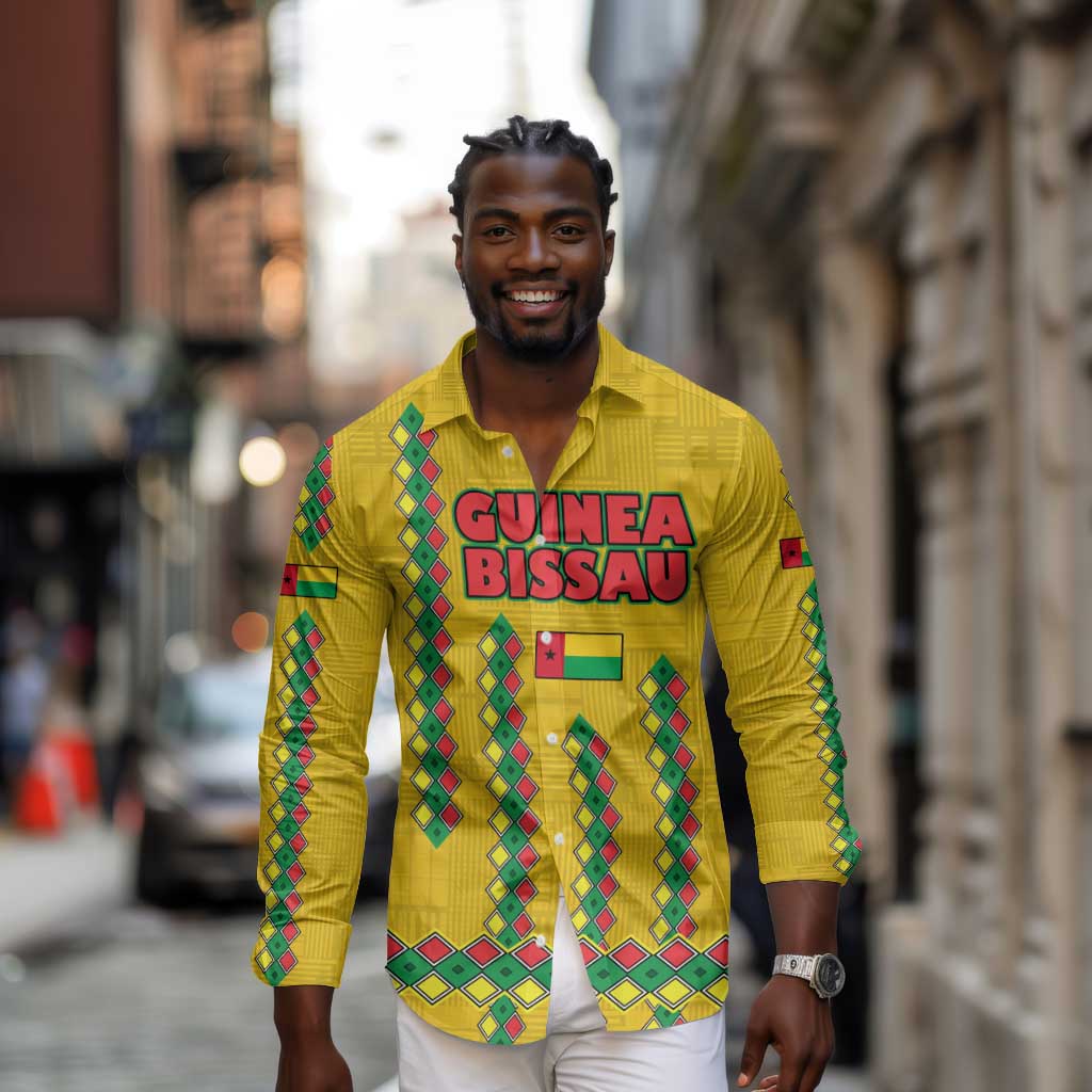 Guinea Bissau Long Sleeve Button Shirt Yellow Tribal Geometric Design and National Flag - African Pride