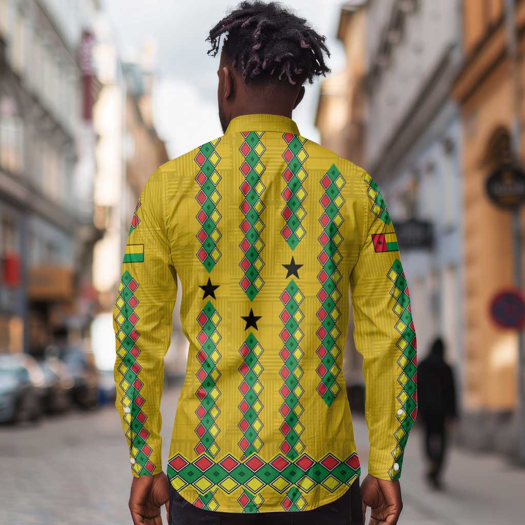 Guinea Bissau Long Sleeve Button Shirt Yellow Tribal Geometric Design and National Flag - African Pride