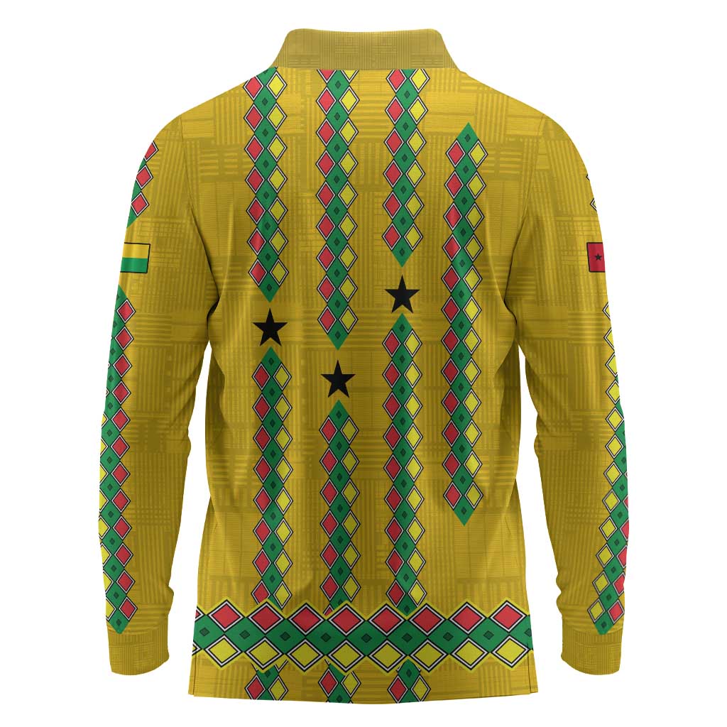 Guinea Bissau Long Sleeve Polo Shirt Yellow Tribal Geometric Design and National Flag - African Pride