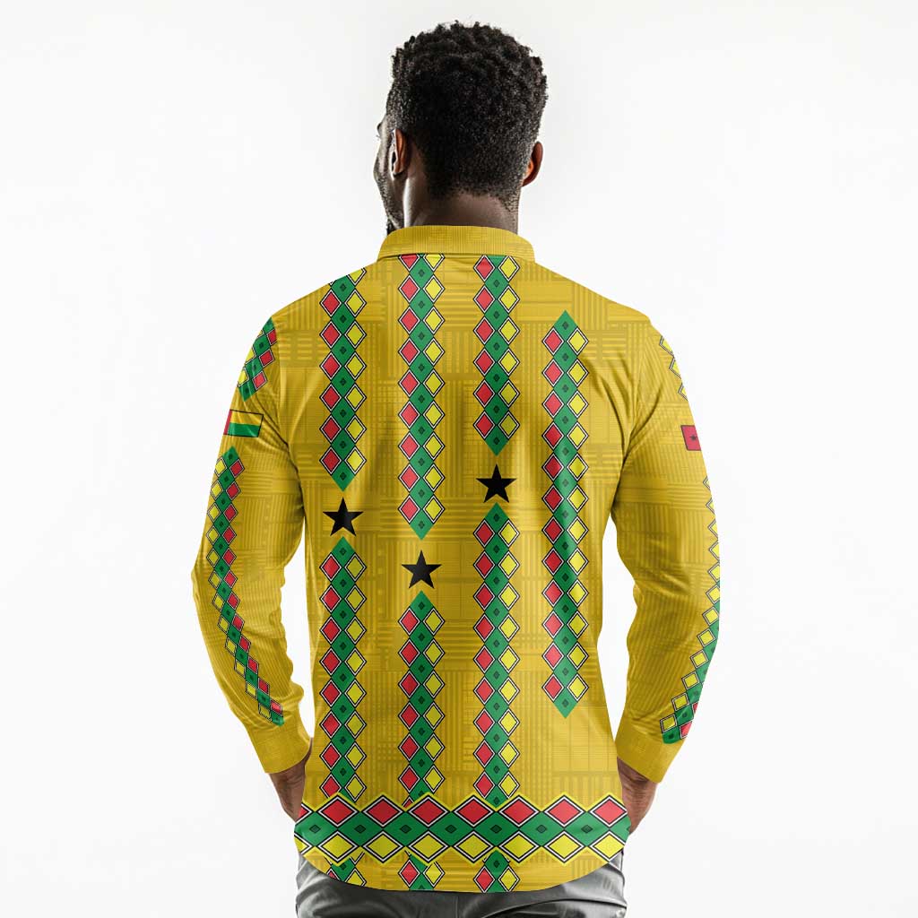 Guinea Bissau Long Sleeve Polo Shirt Yellow Tribal Geometric Design and National Flag - African Pride