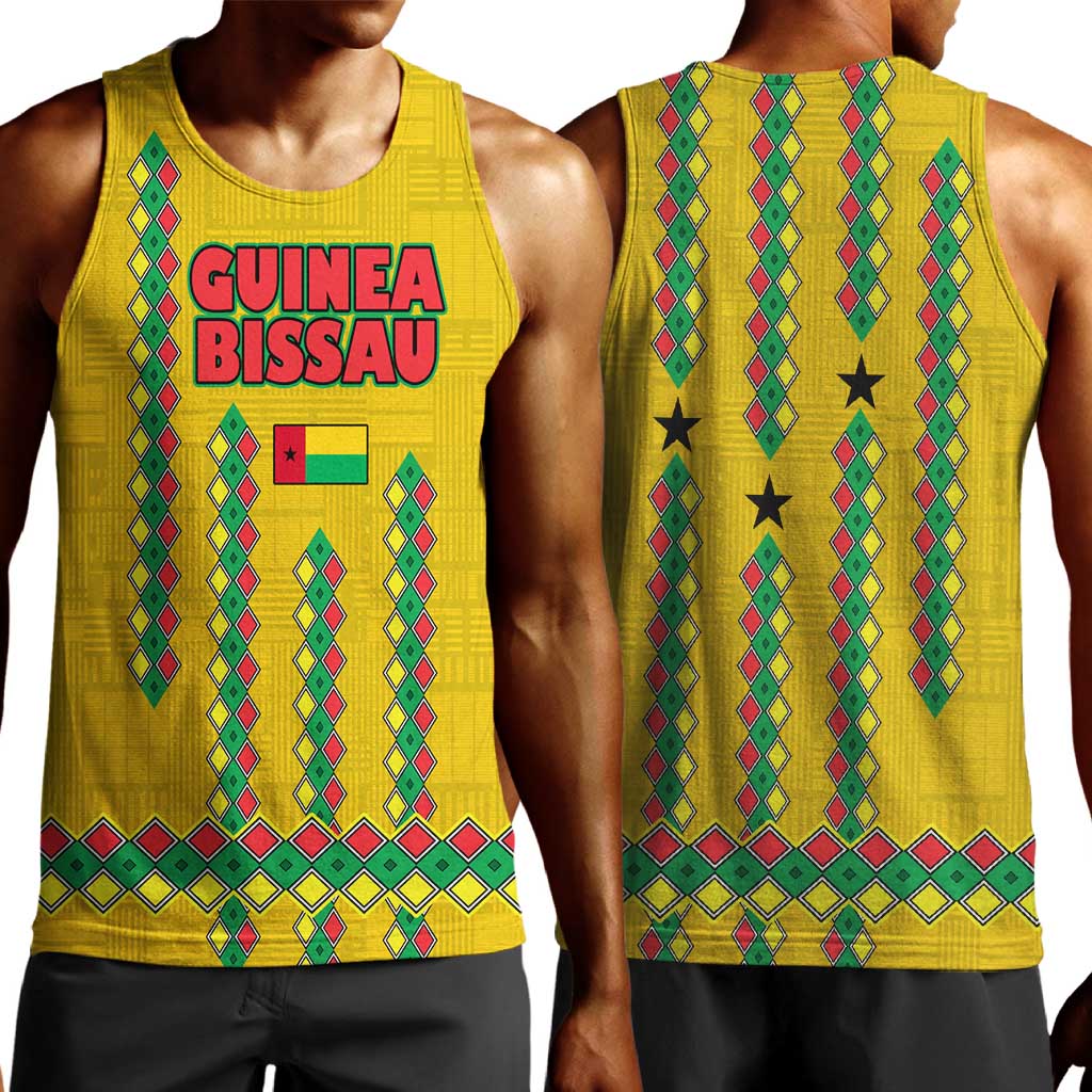 Guinea Bissau Men Tank Top Yellow Tribal Geometric Design and National Flag - African Pride