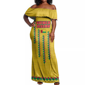 Guinea Bissau Off Shoulder Maxi Dress Yellow Tribal Geometric Design and National Flag - African Pride