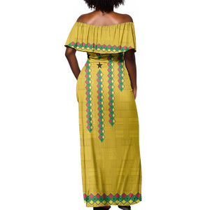 Guinea Bissau Off Shoulder Maxi Dress Yellow Tribal Geometric Design and National Flag - African Pride