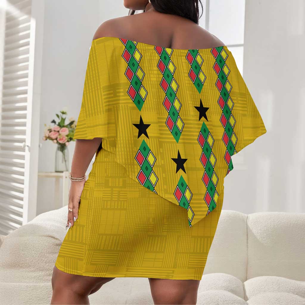 Guinea Bissau Off Shoulder Short Dress Yellow Tribal Geometric Design and National Flag - African Pride