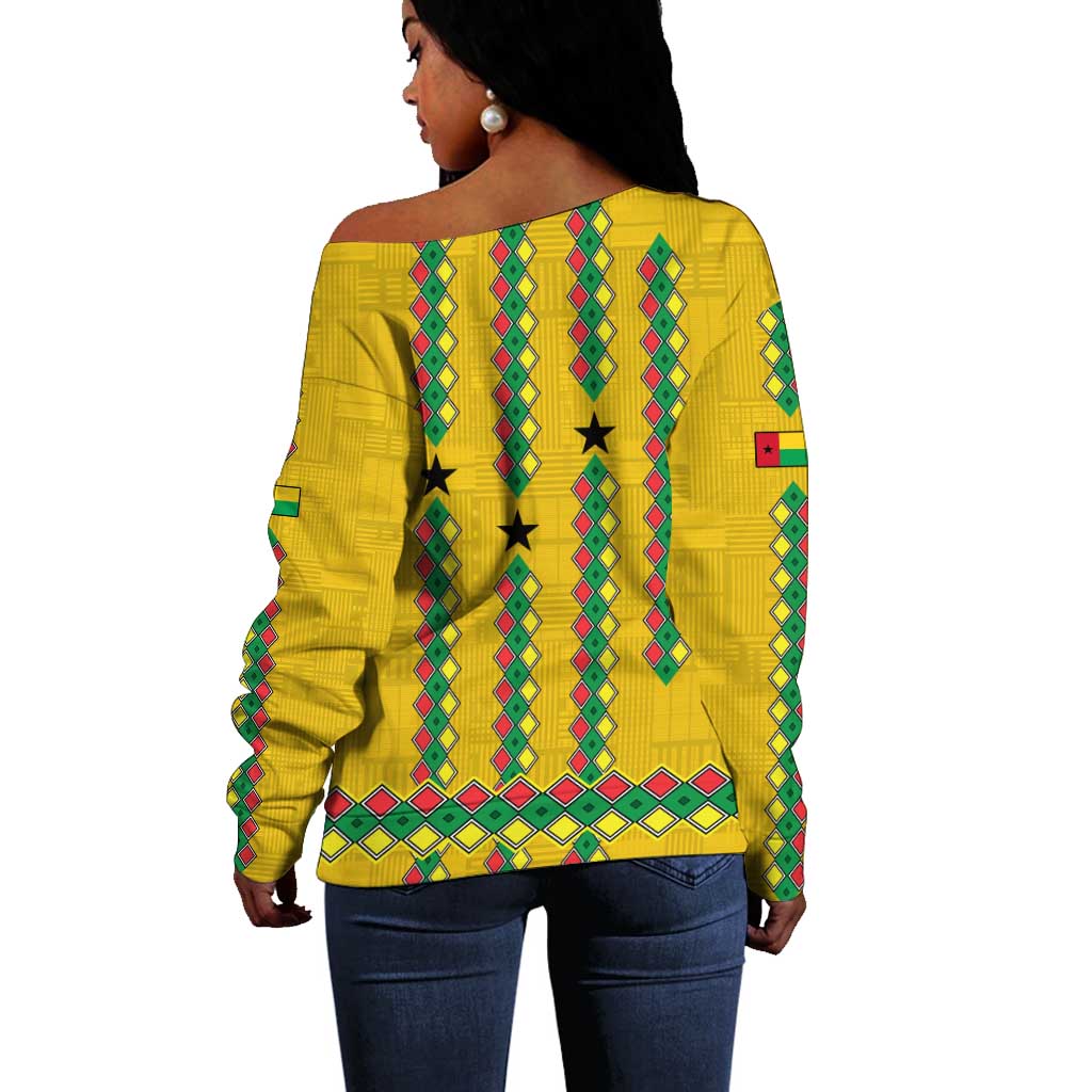 Guinea Bissau Off Shoulder Sweater Yellow Tribal Geometric Design and National Flag - African Pride