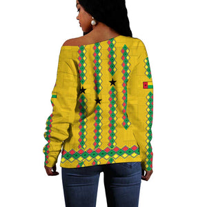 Guinea Bissau Off Shoulder Sweater Yellow Tribal Geometric Design and National Flag - African Pride