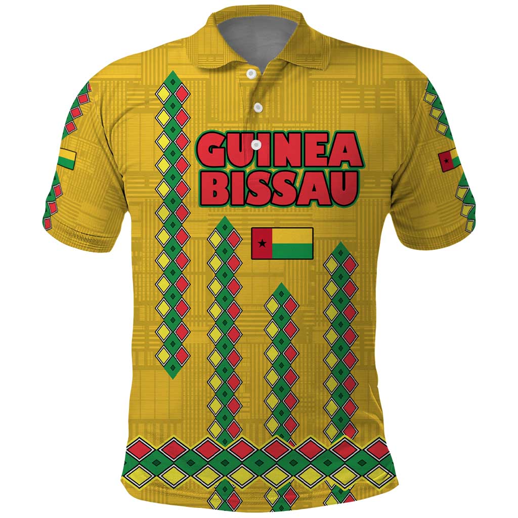 Guinea Bissau Polo Shirt Yellow Tribal Geometric Design and National Flag - African Pride