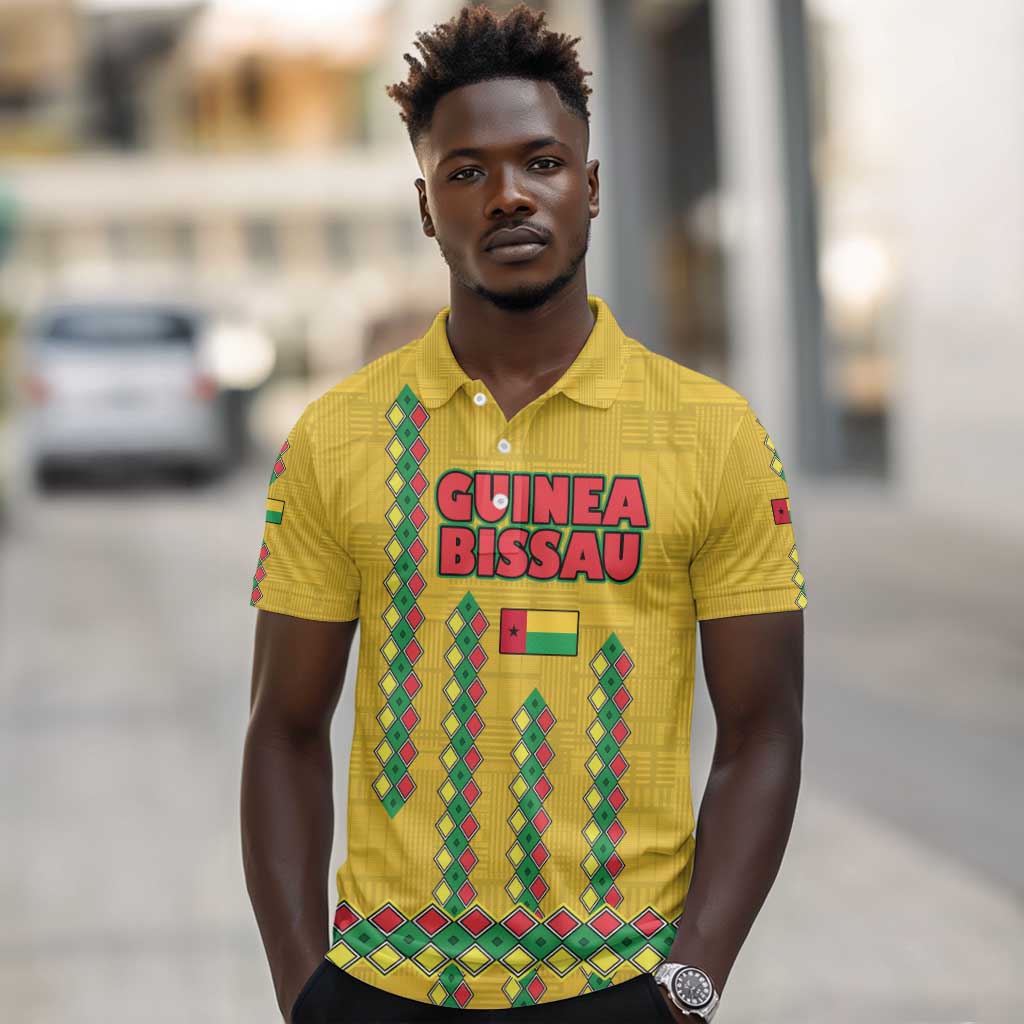 Guinea Bissau Polo Shirt Yellow Tribal Geometric Design and National Flag - African Pride